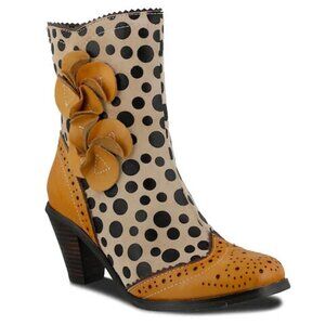 L'Artiste Spring Step Perignon Polka Dot Flower Heel Boots Tan Black 40 Size 6.5